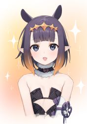 Rule 34 | 1girl, alternate hair length, alternate hairstyle, animal ears, bare shoulders, black dress, black eyes, blush, commentary, cutout above navel, detached collar, detached sleeves, dress, extra ears, fang, flat chest, flower knot, fur-trimmed collar, fur trim, gradient background, gradient hair, headpiece, highres, hololive, hololive english, looking at viewer, mole, mole under eye, multicolored hair, ninomae ina&#039;nis, ninomae ina&#039;nis (1st costume), open mouth, orange background, orange hair, pointy ears, purple hair, short hair, simple background, single sleeve, skin fang, smile, solo, sparkle, strapless, strapless dress, syhan, tentacle hair, two-tone hair, upper body, virtual youtuber