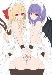 Rule 34 | 2girls, 7saki, :/, alternate costume, apron, ass, bad id, bad twitter id, bare shoulders, bat wings, black legwear, blonde hair, breast press, breasts, closed mouth, commentary request, crystal, enmaided, flandre scarlet, flat color, hand up, highres, holding hands, interlocked fingers, long hair, looking at viewer, maid, maid headdress, medium breasts, medium hair, multiple girls, naked apron, one side up, purple hair, red eyes, remilia scarlet, siblings, sisters, smile, symmetrical docking, thighhighs, touhou, unfinished, v, white background, wings, wrist cuffs