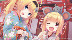 Rule 34 | 2girls, ;d, ahoge, animal ears, black hairband, blonde hair, blue eyes, blue kimono, blush, building, chinese zodiac, commentary request, detached sleeves, fake animal ears, fangs, floral print, grey hairband, hairband, holding, japanese clothes, kimono, long hair, long sleeves, looking at viewer, mouse ears, mouse hair ornament, multiple girls, new year, obi, omikuji, one eye closed, open mouth, original, ponytail, print kimono, purple eyes, ribbon-trimmed sleeves, ribbon trim, sash, sleeveless, sleeveless kimono, sleeves past wrists, smile, solar milk, teeth, upper body, upper teeth only, white kimono, white sleeves, wide sleeves, year of the rat