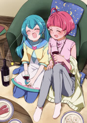 2girls absurdres aged_up alcohol armchair blue_pants blush bottle cardigan chair closed_eyes commentary couch cup dress drinking_glass drunk earrings green_hair grey_pants hagoromo_lala highres holding holding_bottle hoshina_hikaru indoors jewelry long_hair medium_dress multiple_girls off_shoulder on_floor open_mouth pants pink_hair pink_sweater plate pointy_ears precure rug shirt short_hair short_sleeves side-by-side sitting sleeveless sleeveless_sweater smile socks star_(symbol) star_earrings star_twinkle_precure sweater toon_(noin) twintails white_dress wine wine_bottle wine_glass yellow_cardigan yellow_shirt yokozuwari