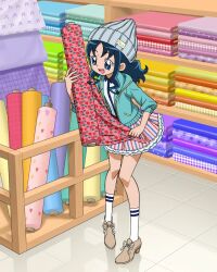 Rule 34 | 1girl, :d, artist request, beanie, blue eyes, blue hair, casual, commentary, english commentary, eyelashes, happy, hat, heartcatch precure!, highres, kurumi erika, official art, open mouth, precure, precure connection puzzlun, shopping, smile, socks, solo, standing, third-party source