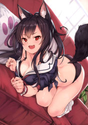Rule 34 | 1girl, all fours, animal ear fluff, animal ears, ass, azur lane, black bra, black hair, black panties, blush, bra, breasts, bright pupils, cleavage, collarbone, couch, dog ears, dog girl, dog tail, dutch angle, fang, highres, looking at viewer, loose socks, maki (maki pei), medium breasts, medium hair, nail polish, on couch, open mouth, panties, pillow, red eyes, red nails, sailor collar, shigure (azur lane), shirt, sidelocks, smile, socks, solo, tail, tied shirt, underwear, v-shaped eyebrows, white pupils, white socks, wrist cuffs