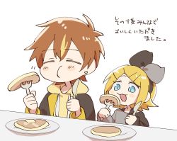 Rule 34 | 1boy, 1girl, blonde hair, blue eyes, blush, bow, butter, chibi, closed eyes, commentary, earrings, eating, food, fork, hair bow, hazuki 015, highres, holding, holding fork, holding knife, hood, hoodie, jewelry, kagamine rin, knife, pancake, plate, project sekai, shinonome akito, translated, vivid bad squad rin, vocaloid, white background, yellow hoodie