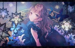 Rule 34 | 1girl, blue butterfly, blue dress, blush, braid, brown eyes, brown hair, bug, butterfly, choker, curly hair, dated, dress, flower, frilled choker, frilled dress, frills, haduki tohru, hair ribbon, highres, insect, light, light particles, long hair, looking at viewer, messy hair, original, parted lips, ribbon, signature, sleeveless, sleeveless dress, smile, solo, upper body