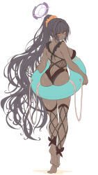 Rule 34 | 1girl, ass, barefoot, black hair, blue archive, blush, breasts, butt crack, casual one-piece swimsuit, closed mouth, dark-skinned female, dark skin, detached leggings, from behind, frown, full body, hair ornament, hair scrunchie, halo, high ponytail, highres, holding, holding swim ring, innertube, karin (blue archive), large breasts, lifebuoy, long hair, looking at viewer, looking back, one-piece swimsuit, paid reward available, ponytail, scrunchie, sidelocks, simple background, solo, swim ring, swimsuit, very long hair, walking, wet, white background, yatsuka (846), yellow eyes