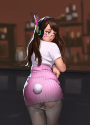 Rule 34 | 1girl, akari kuma, ass, bar (place), bespectacled, brown hair, casual, clothes pull, commentary request, d.va (overwatch), facepaint, facial mark, fake tail, flat ass, from behind, glasses, grey eyes, headphones, high-waist skirt, highres, leaning forward, lips, long hair, looking away, looking back, narrow waist, overwatch, overwatch 1, panties, pantyhose, pantyshot, pencil skirt, pink skirt, rabbit tail, semi-rimless eyewear, skirt, solo, standing, tail, torn clothes, torn pantyhose, under-rim eyewear, underwear, whisker markings, white panties, white pantyhose