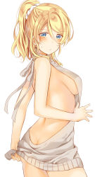 Rule 34 | 1girl, ayase eli, backless outfit, bare back, blonde hair, blue eyes, blush, breasts, butt crack, drawstring, dress, grey sweater, hair between eyes, halterneck, highres, looking back, love live!, love live! school idol project, meme attire, mogu (au1127), naked sweater, ponytail, scrunchie, sideboob, simple background, skirt hold, solo, sweatdrop, sweater, sweater dress, turtleneck, turtleneck sweater, virgin killer sweater, white background, white scrunchie