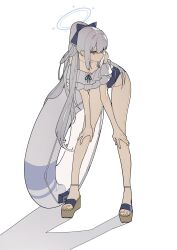 Rule 34 | 1girl, bare shoulders, blue archive, blue bow, blue eyes, blue one-piece swimsuit, bow, casual one-piece swimsuit, collarbone, commentary request, feet, frilled one-piece swimsuit, frills, full body, grey hair, hair bow, halo, high ponytail, highres, innertube, leaning forward, legs, long hair, long legs, looking to the side, miyako (blue archive), miyako (swimsuit) (blue archive), one-piece swimsuit, platform footwear, ponytail, sandals, shadow, sidelocks, solo, standing, swim ring, swimsuit, toes, zhibuji loom
