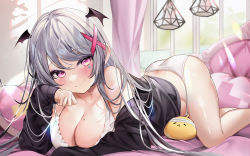 Rule 34 | 1girl, ass, blush, breasts, cleavage, hair ornament, head wings, hinamori aoi, indie virtual youtuber, large breasts, machi (7769), mole, mole on breast, mole under eye, pillow, purple eyes, smile, sweater, underwear, virtual youtuber, white hair, wings, x hair ornament