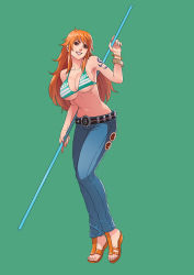 Rule 34 | 1girl, absurdres, aqua background, aqua bikini, armpits, bangle, bare arms, bare shoulders, belt, bikini, black belt, bracelet, breasts, brown eyes, cirenk, cleavage, clenched teeth, collarbone, commission, denim, earrings, feet, female focus, fingernails, full body, grin, hand up, head tilt, highres, holding, holding staff, jeans, jewelry, large breasts, lips, lipstick, long hair, looking at viewer, makeup, midriff, nami (one piece), navel, neck, one piece, orange footwear, orange hair, pants, sandals, shiny skin, shoulder tattoo, sidelocks, smile, solo, staff, stomach, swimsuit, tattoo, teeth, toenails, toes, underboob