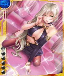 Rule 34 | 1girl, armlet, bare shoulders, bed sheet, blonde hair, bracelet, breasts, card (ex-blue), card (medium), choker, collarbone, curtains, dress, elf, female focus, gem, hair between eyes, indoors, jewelry, katejina (taimanin asagi), kneeling, large breasts, lens flare, lilith-soft, lips, long hair, looking at viewer, mole, mole under eye, nail polish, navel, nipples, no bra, on bed, open mouth, parted lips, pillow, pointy ears, purple dress, red thighhighs, ring, sano toshihide, shiny clothes, shiny skin, skindentation, solo, taimanin (series), taimanin asagi battle arena all card gallery, taimanin asagi kessen arena, thighhighs, tight clothes, very long hair, yellow eyes