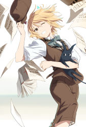 Rule 34 | 1boy, animal, blonde hair, bow, bowtie, brown headwear, brown shorts, brown vest, cat, flat cap, hat, highres, holding, holding animal, karaori, lafcadio hearn, one eye closed, short hair, short sleeves, shorts, smile, the sealed esoteric history, touhou, vest, wanted, yellow eyes