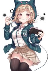 Rule 34 | 1girl, animal hood, bad id, bad twitter id, black thighhighs, blush, breasts, brown hair, brown skirt, buttons, cable, closed mouth, collared shirt, controller, danganronpa (series), danganronpa 2: goodbye despair, dress shirt, game controller, green jacket, hair ornament, hairclip, highres, holding, holding controller, hood, hooded jacket, jacket, long sleeves, looking at viewer, medium breasts, miniskirt, nanami chiaki, neck ribbon, open clothes, open jacket, pink ribbon, pleated skirt, r o ha, red eyes, ribbon, school uniform, shirt, shirt tucked in, short hair, skirt, solo, thighhighs, white background, white shirt, zettai ryouiki