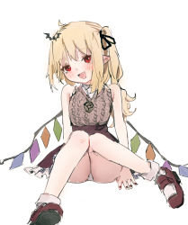Rule 34 | 1girl, :d, ahoge, alternate costume, arm support, bare shoulders, bat hair ornament, black ribbon, blonde hair, blush, bobby socks, breasts, crystal, fang, flandre scarlet, hair ornament, hair ribbon, highres, knees together feet apart, looking at viewer, mary janes, nail polish, no headwear, one side up, open mouth, panties, pantyshot, petticoat, red eyes, red footwear, red nails, red skirt, reddizen, ribbed sweater, ribbon, shirt, shoes, simple background, sitting, skin fang, skirt, sleeveless, sleeveless shirt, small breasts, smile, socks, solo, sweater, touhou, underwear, white background, wings