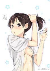 Rule 34 | 10s, 1girl, adjusting hair, bad id, bad twitter id, blush, breasts, brown eyes, brown hair, bunching hair, highres, kaga (kancolle), kantai collection, looking at viewer, nishimi shin, no bra, open clothes, open shirt, scrunchie, shirt, simple background, solo, tying hair, white shirt