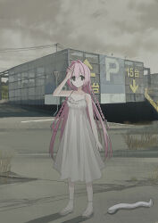 Rule 34 | 1girl, animal, arm up, arrow (symbol), bare arms, bare shoulders, braid, building, chihuri, collarbone, commentary request, dress, frilled dress, frills, grass, hair between eyes, hair intakes, highres, long hair, nea (chihuri), original, outdoors, overcast, pink hair, power lines, purple eyes, sandals, sky, sleeveless, sleeveless dress, snake, solo, standing, translation request, twin braids, very long hair, white dress, white footwear, white snake