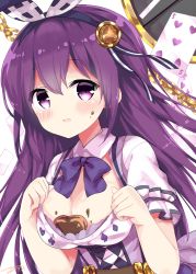Rule 34 | 1girl, belt, between breasts, blue bow, blue bowtie, blush, bow, bowtie, breasts, candy, card, chain, chocolate, chocolate heart, cleavage, collared shirt, commentary request, food, gochuumon wa usagi desu ka?, hair ornament, hairband, hands up, heart, heart on chest, highres, himarisu (hida mari), long hair, looking at viewer, medium breasts, parted lips, playing card, purple eyes, purple hair, shirt, short sleeves, sidelocks, signature, solo, tedeza rize, upper body, white background