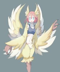 Rule 34 | 1girl, 4138, blue eyes, claws, collarbone, female focus, harpy, highres, midriff, monster girl, open mouth, original, pink hair, ribs, simple background, solo, wings