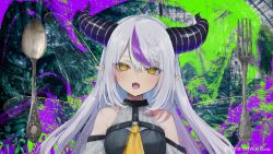 Rule 34 | 1girl, 2016, breasts, company name, copyright notice, demon girl, demon horns, fangs, fork, fushimi sameta, highres, hololive, horns, la+ darknesss, la+ darknesss (1st costume), long hair, looking at viewer, multicolored hair, neckerchief, official art, open mouth, pointy ears, purple hair, small breasts, solo, spoon, upper body, virtual youtuber, white hair, yellow eyes, yellow neckerchief