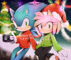 Rule 34 | 1boy, 1girl, amy rose, animal ears, animal nose, animal print, artist name, black pants, black sky, blue fur, blue sky, blurry, blurry background, blush, character print, christmas tree, closed mouth, commentary, cup, deer print, dr. eggman, english commentary, eyelashes, fence, fur-trimmed headwear, fur trim, furry, furry female, furry male, garland (decoration), gloves, gradient sky, green eyes, green sweater, hand up, hat, hedgehog, hedgehog ears, hedgehog girl, holding, holding cup, leg up, light, long sleeves, looking at viewer, night, night sky, no shoes, pants, pink fur, pom pom (clothes), puffy long sleeves, puffy sleeves, red headwear, red sweater, rellyia, santa hat, sitting, sky, smile, snow, snowflake print, snowing, socks, sonic (series), sonic the hedgehog, star (symbol), steam, sweater, white gloves, white socks, winter