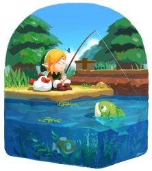 Rule 34 | 1boy, ayumi (830890), blonde hair, brown footwear, bug, butterfly, cucco, fish, fishing, grass, green headwear, green tunic, highres, bug, link, looking at another, nintendo, pants, pond, seaweed, sleeping, the legend of zelda, the legend of zelda: link&#039;s awakening, tree, white pants