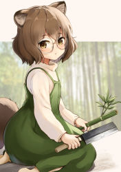 Rule 34 | 1girl, animal ears, bamboo, batta (kanzume quality), blurry, blurry background, blush, brown eyes, brown hair, dress, female focus, glasses, green dress, holding, holding knife, knife, long dress, long sleeves, looking at viewer, original, outdoors, raccoon ears, raccoon tail, round eyewear, sitting, solo, tail