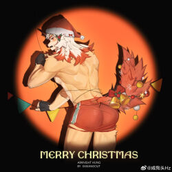 Rule 34 | 1boy, animal ears, arknights, ass, bara, blush, christmas, christmas tree, dog boy, dog ears, feet out of frame, from behind, furry, furry male, hat, highres, horns, hung (arknights), leaning forward, male focus, medium hair, multicolored hair, orange eyes, orange hair, santa hat, short shorts, shorts, shy, single horn, solo, spotlight, streaked hair, tail raised, thick eyebrows, toned, toned male, topless male, two-tone fur, white fur, white hair, xian goutou hz