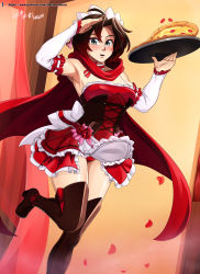 Rule 34 | 1girl, absurdres, armpits, artist name, bare shoulders, black hair, blush, boots, breasts, choker, cloak, detached sleeves, feet out of frame, flower, food, gradient hair, hair between eyes, high heels, highres, holding, holding food, holding pizza, holding tray, looking at viewer, maid, maid headdress, medium breasts, multicolored hair, open mouth, panties, patreon username, pizza, red hair, rose, ruby rose, rwby, salute, short hair, smile, solo, standing, teeth, thigh boots, thighhighs, tongue, tray, two-tone hair, underwear, vilde loh hocen, watermark, web address
