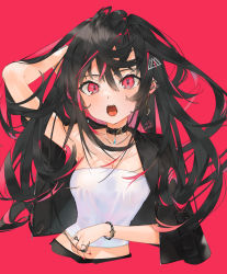 Rule 34 | 1girl, black choker, black hair, black jacket, bracelet, breasts, choker, cleavage, collarbone, ear piercing, earrings, gotou (nekocat), hair between eyes, hand in own hair, hand up, highres, jacket, jacket on shoulders, jewelry, long hair, looking at viewer, midriff, multicolored hair, nail polish, open mouth, original, piercing, red background, red eyes, red nails, ring, shirt, simple background, solo, strapless, streaked hair, tube top, upper body, very long hair, white shirt