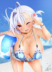 Rule 34 | 1girl, 2019, ahoge, armpits, ball, beach, beachball, bent over, bikini, blue hair, blue sky, blush, breasts, cleavage, cloud, collarbone, commentary request, dated, day, denim, denim shorts, earrings, flower, hair flower, hair ornament, hair ribbon, hanging breasts, head tilt, heart collar, highres, holding, holding ball, holding beachball, huge breasts, jewelry, jotti, large breasts, leaning forward, light blue hair, long hair, looking at viewer, navel, necklace, ocean, one eye closed, one side up, open fly, open mouth, original, outdoors, pink lips, purple eyes, ribbon, sakurako (jotti), salute, shorts, side-tie bikini bottom, sideboob, signature, sky, smile, solo, sparkle, standing, stomach, stud earrings, sunlight, swimsuit, tan, tanline, tongue, unbuttoned, untied bikini, water, wet, white hair