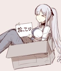 Rule 34 | 1girl, ak-12 (girls&#039; frontline), box, braid, breasts, cardboard box, closed eyes, closed mouth, commentary request, for adoption, girls&#039; frontline, highres, holding, holding sign, hourai kochou, in box, in container, large breasts, long hair, long sleeves, pants, ponytail, sign, silver hair, simple background, smile, solo