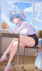 Rule 34 | 1girl, absurdres, ahoge, animal ears, bare legs, black skirt, blue eyes, blue hair, bread, breasts, chair, clothing cutout, collared shirt, cream, cream on face, crossed legs, desk, food, food on face, fox ears, fox girl, fox tail, hairband, high-waist skirt, highres, holding, large breasts, lethe (lethe187), long hair, long sleeves, looking at viewer, melon bread, miniskirt, original, school chair, school desk, school uniform, shirt, shirt tucked in, sitting, skirt, slippers, socks, solo, tail, tail through clothes, taut clothes, taut shirt, thighs, twitter username, white shirt, white socks