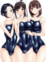 Rule 34 | 3girls, :d, anegasaki nene, black hair, blue eyes, blue hair, blue one-piece swimsuit, blush, bow, breast press, breasts, breasts apart, brown eyes, brown hair, clenched hand, closed mouth, competition school swimsuit, covered navel, cowboy shot, eyebrows, grey eyes, grin, groin, hair bow, hand on another&#039;s stomach, hand up, high ponytail, highres, holding another&#039;s wrist, impossible clothes, impossible swimsuit, kobayakawa rinko, legs together, light smile, long hair, looking at viewer, love plus, medium breasts, mole, mole under eye, multiple girls, one-piece swimsuit, open mouth, parted bangs, pink eyes, ponytail, red one-piece swimsuit, school swimsuit, sen (sansui), shiny clothes, short hair, sidelocks, simple background, skin tight, smile, standing, swimsuit, takane manaka, thigh gap, thighs, v, white background, white bow