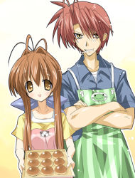 Rule 34 | 00s, 1boy, 1girl, :d, antenna hair, apron, asymmetrical hair, brown hair, clannad, closed mouth, collarbone, collared shirt, cookie, crossed arms, expressionless, food, furukawa akio, furukawa sanae, looking at viewer, open mouth, red hair, shirt, smile, tray, twintails, yellow eyes