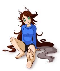 Rule 34 | 1girl, animal ears, arm support, barefoot, blush, brown hair, feet, foot focus, green eyes, highres, long hair, looking at viewer, pov, smile, soles, tail, toes