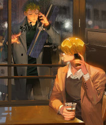 Rule 34 | 2boys, ?, bag, black coat, black shirt, blonde hair, box, brown coat, closed mouth, coat, collared shirt, cup, disposable cup, drinking straw, gift, gift box, green eyes, green hair, holding, holding cup, holding gift, holding phone, looking at another, male focus, multiple boys, one piece, phone, roronoa zoro, runa (nori31291404), sanji (one piece), shirt, shopping bag, short hair, sitting, white shirt