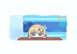 Rule 34 | 1girl, absurdres, blonde hair, blue eyes, chibi, commentary, desk, english commentary, flying sweatdrops, hair ornament, highres, hololive, hololive english, mpien, peeking out, simple background, solo, sun, timestamp, virtual youtuber, watson amelia, white background