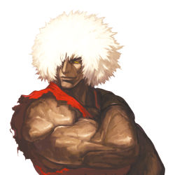 Rule 34 | 1boy, afro, capcom, dark persona, dark skin, dark-skinned male, dougi, empty eyes, evil smile, eyebrows, ganguro, hair over one eye, highres, ken masters, male focus, muscular, no pupils, nona, official art, sleeveless, smile, solo, street fighter, svc chaos, thick eyebrows, torn clothes, torn sleeves, upper body, violent ken, white hair, yellow eyes