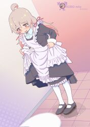 Rule 34 | 1girl, ahoge, apron, black dress, black footwear, blush, brown hair, colored inner hair, commentary request, corrupted twitter file, dress, dutch angle, frilled apron, frills, full body, genderswap, genderswap (mtf), highres, indoors, long hair, long sleeves, looking down, low twintails, maid, maid apron, mary janes, multicolored hair, onii-chan wa oshimai!, open mouth, oyama mahiro, pantyhose, peed self, pink hair, puddle, robomito, shoes, skirt hold, solo, standing, toilet, twintails, two-tone hair, wavy mouth, white apron, white pantyhose