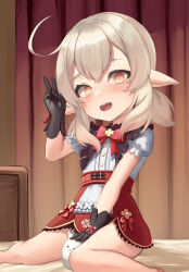 Rule 34 | 1girl, black gloves, blonde hair, blush, commentary, cowlick, dress, english commentary, flat chest, genshin impact, gloves, highres, klee (blossoming starlight) (genshin impact), klee (genshin impact), looking at viewer, no headwear, official alternate costume, open mouth, orange eyes, pointy ears, puffy short sleeves, puffy sleeves, short dress, short hair, short sleeves, sitting, solo, teeth, twintails, upper teeth only, v, variant set, wariza, xiao xiao tian