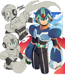 Rule 34 | 1boy, android, arm cannon, armor, arms at sides, belt, black bodysuit, blue headwear, blue sky, bodysuit, closed mouth, cloud, commentary request, copyright name, cropped legs, dated, english text, forehead jewel, green eyes, helmet, iroyopon, looking at viewer, looking to the side, male focus, mega man (series), mega man x: command mission, mega man x (series), multiple views, new armor x (mega man), open mouth, partially colored, serious, signature, sky, smile, standing, sweatdrop, weapon, white belt, x (mega man)