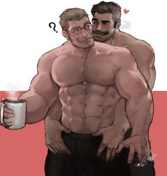 Rule 34 | 2boys, ?, abs, arm hair, assisted exposure, bara, beard, behind another, black-framed eyewear, black pants, chest hair, cigar, clothes pull, coffee mug, couple, cup, dopey (dopq), eye contact, facial hair, glasses, heart, highres, large pectorals, looking at another, male focus, mature male, mug, multiple boys, muscular, muscular male, mustache, navel, navel hair, nipples, old, old man, original, pants, pants pull, pectorals, pulling another&#039;s clothes, raised eyebrows, round eyewear, seductive smile, short hair, sideburns, smile, stomach, stubble, thick eyebrows, topless male, undressing another, yaoi