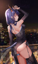 Rule 34 | 1girl, absurdres, annoyed, arknights, arm at side, arm up, ass, back, bare back, bare shoulders, black dress, black gloves, black thighhighs, blurry, blurry background, blush, breasts, bridal gauntlets, ch&#039;en (arknights), china dress, chinese clothes, clenched teeth, covered erect nipples, cowboy shot, dragon girl, dragon horns, dragon tail, dress, earrings, fingernails, from behind, gloves, hair between eyes, hair tie, highres, horns, jewelry, long hair, looking at viewer, looking back, low twintails, medium breasts, night, no panties, outdoors, pelvic curtain, pink hair, purple eyes, purple hair, shanguier, shoulder blades, side slit, solo, standing, strapless, strapless dress, tail, teeth, thigh strap, thighhighs, twintails