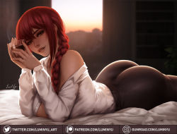 Rule 34 | 1girl, ass, bare shoulders, bed sheet, black legwear, blouse, blush, braid, braided ponytail, chainsaw man, commentary, cowboy shot, cup, female focus, grey eyes, gumroad username, hair over shoulder, holding, indoors, long hair, long sleeves, looking at viewer, luminyu, lying, makima (chainsaw man), on stomach, panties, parted lips, patreon username, red hair, shirt, signature, solo, steam, twitter username, underwear, white shirt, white sleeves