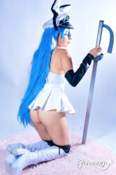 Rule 34 | 1girl, akame ga kill!, ass, bare shoulders, blue hair, boots, breasts, cosplay, esdeath, esdeath (cosplay), female focus, hat, high heel boots, high heels, highres, kneeling, large breasts, long hair, mexican (nationality), oz cosplay, photo (medium), rabbit ears, skirt, solo, thighs, white background