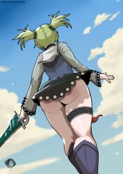Rule 34 | 1girl, absurdres, artist logo, ass, blue sky, boots, commission, droite (tales), earrings, from behind, from below, green hair, green nails, hair rings, highres, holding, holding weapon, jewelry, no panties, short hair, signature, skirt, sky, solo, sword, tales of (series), tales of vesperia, theshini, thigh ring, twintails, upskirt, weapon