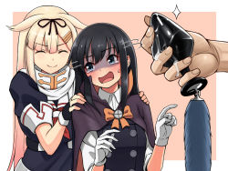 Rule 34 | 1other, 2girls, anal tail, asashio (kancolle), asashio kai ni (kancolle), black hair, black ribbon, blonde hair, blue eyes, butt plug, closed eyes, fake tail, fang, gloves, gradient hair, hair flaps, hair ornament, hair ribbon, hairclip, halloween, halloween costume, hands on another&#039;s shoulders, kantai collection, long hair, looking at another, multicolored hair, multiple girls, open mouth, ribbon, scarf, school uniform, serafuku, sex toy, shaded face, simple background, smile, suggestive fluid, sweatdrop, tail, tearing up, tussy, white scarf, yuudachi (kancolle)