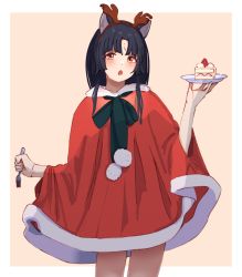 Rule 34 | 1girl, absurdres, alternate costume, animal ears, arknights, binware, black hair, black ribbon, blush, border, brown hairband, cake, cake slice, cowboy shot, dog ears, dress, facial mark, fake antlers, food, forehead mark, fork, fruit, hairband, highres, holding, holding fork, holding plate, long hair, looking at viewer, neck ribbon, no pants, open mouth, orange background, outside border, parted bangs, plate, pom pom (clothes), red dress, ribbon, saga (arknights), santa dress, simple background, solo, strawberry, white border, yellow eyes