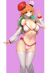 Rule 34 | 1girl, bikini, breasts, chef hat, cleavage, detached sleeves, green hair, hat, highres, hololive, hololive english, large breasts, legs together, looking at viewer, multicolored hair, multiple hats, navel, notte, orange hair, red eyes, ribbon-trimmed bikini, shiny skin, smile, solo, swimsuit, takanashi kiara, thigh gap, thighhighs, v, virtual youtuber, white thighhighs