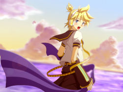 Rule 34 | 1boy, aida ayako, bad id, bad pixiv id, blonde hair, blue eyes, blush, headphones, headset, kagamine len, looking back, male focus, open mouth, outdoors, scarf, short hair, shorts, sky, solo, vocaloid